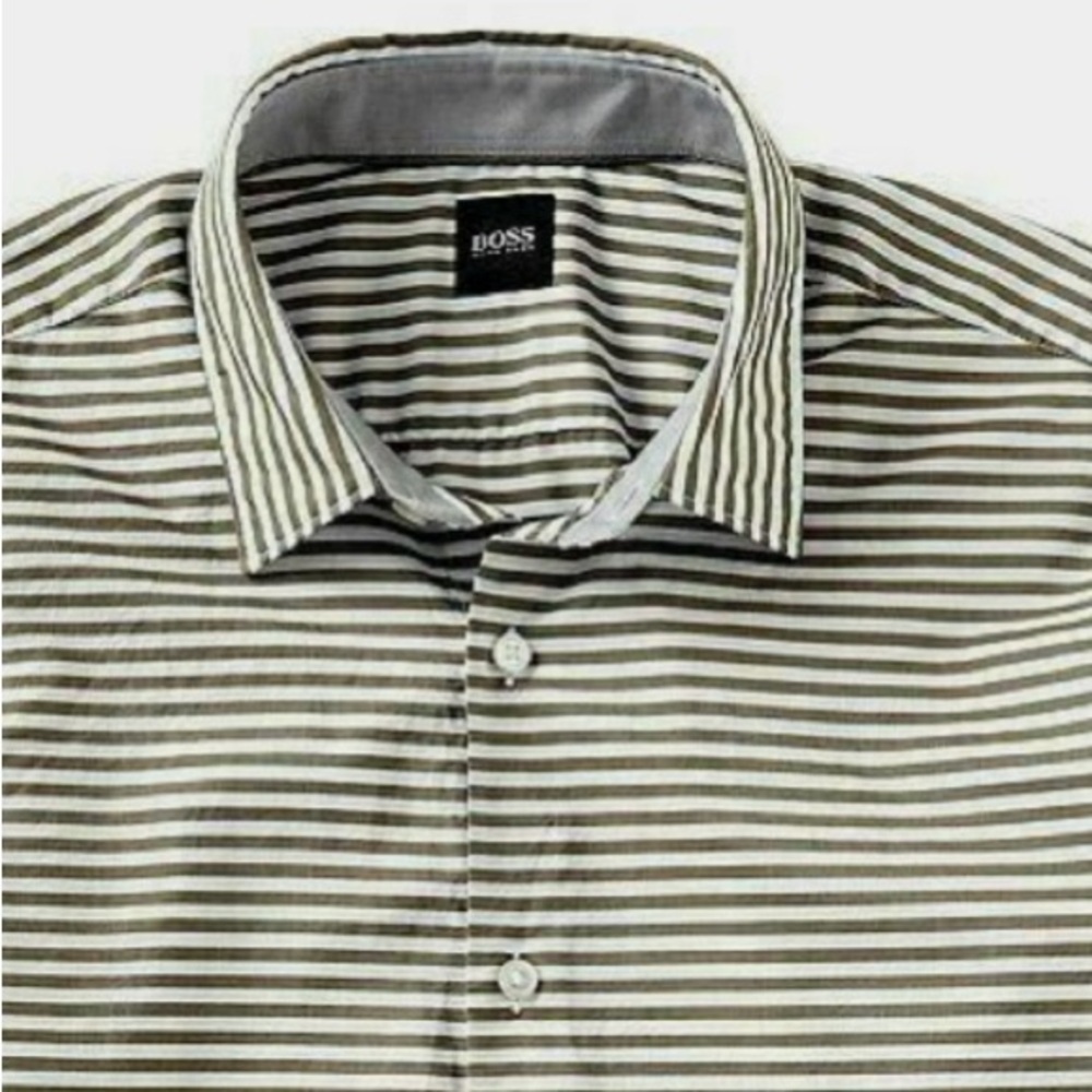BOSS Hugo Boss Grey/OliveGreen/White Striped Button Down Shirt. Slim Fit.Size XL